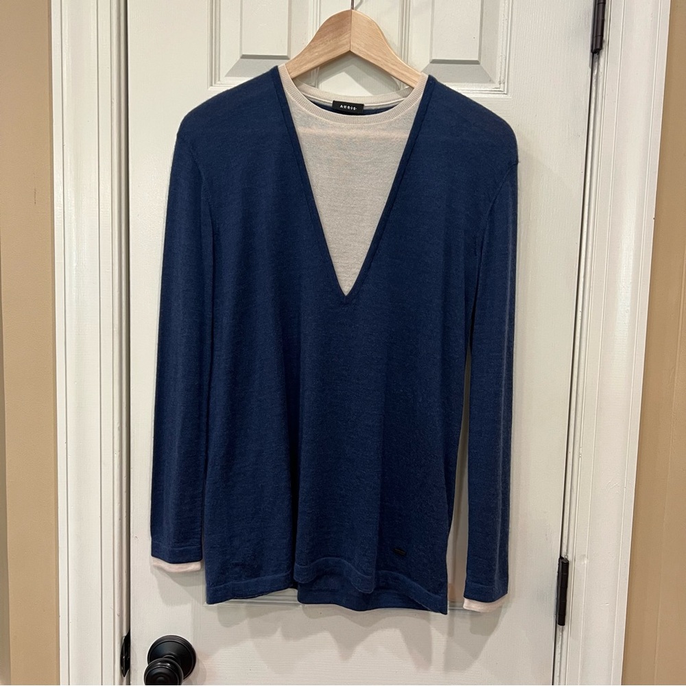 NEW Akris Sweater Layered Cashmere Mulberry Silk Navy Women’s Size 4